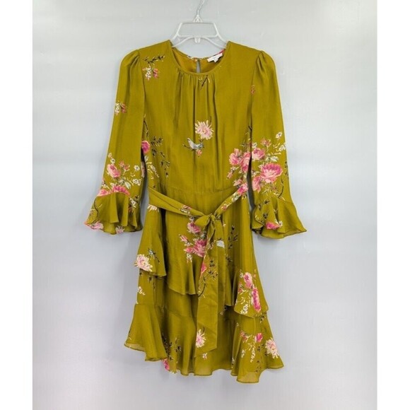 Joie Ruffled Silk Dress Women 0 Green Asymmetrical Hem Tiered Romantic Boho Chic - Picture 1 of 16